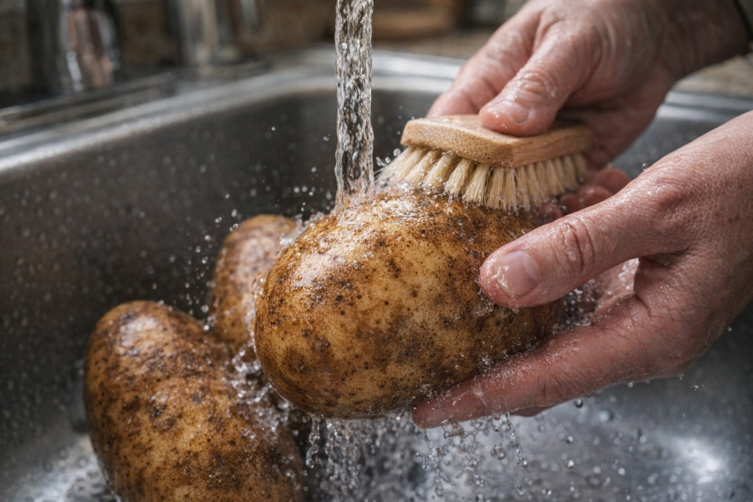 A close-up shot of raw Russet potatoes being scrubbed under running water in a stainless steel sink. Focus on the texture of the potato skin and the water droplets